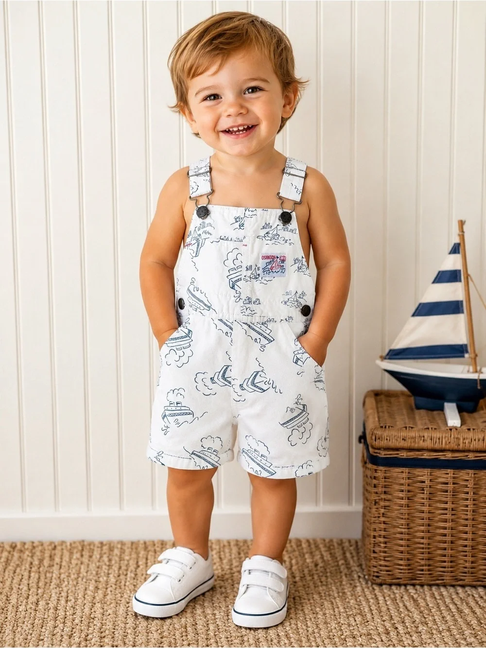 Vintage OshKosh B’Gosh Vestbak Sailboat Shortalls 2T Nautical USA Kids Overalls